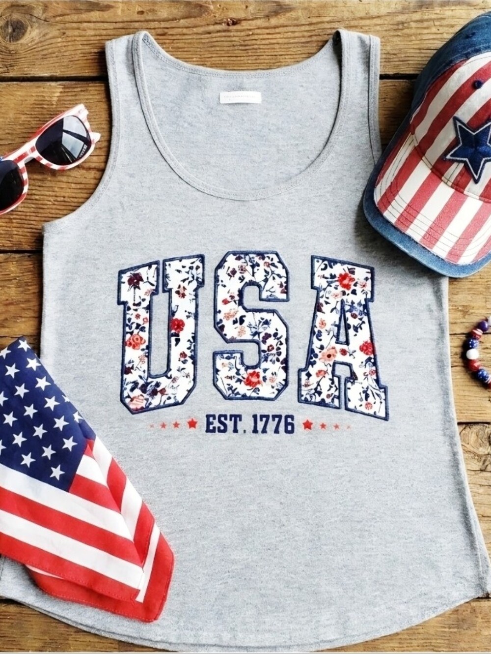USA Floral Patriotic Tank Top • Est. 1776 • Red White Blue Floral Graphic •